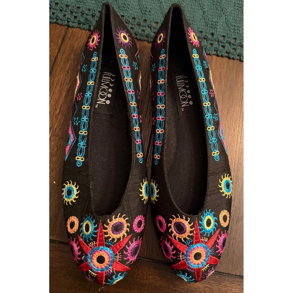 Full Moon Vintage Embroidered Ballet Flats Black Multi Celestial Leather Sole 9